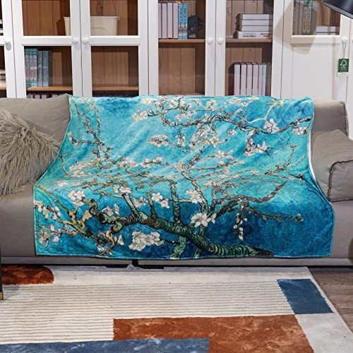 Van Gogh Fleece Blanket for Kids Adults Gift, Super Soft Warm Cozy Lightweight Flannel Throw Blanket for Bedroom Sofa Office Travel Camping (Almond Blossom, 60"X50")