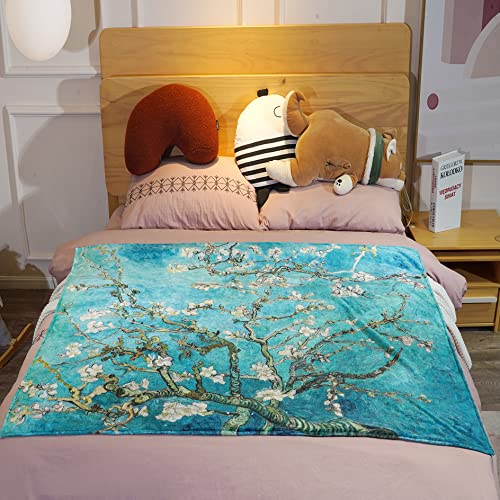 Van Gogh Fleece Blanket for Kids Adults Gift, Super Soft Warm Cozy Lightweight Flannel Throw Blanket for Bedroom Sofa Office Travel Camping (Almond Blossom, 60"X50")