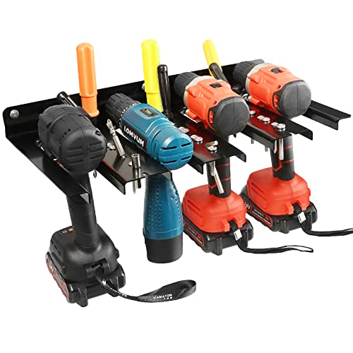 Cordless Power Tool Organizer, Shengsite Wall Mount Drill Holder Holds 4 Drills, Electric Drill Tool Rack, Heavy Duty Alloy Steel Tool Storage for Garage, Home, Workshop and Shed