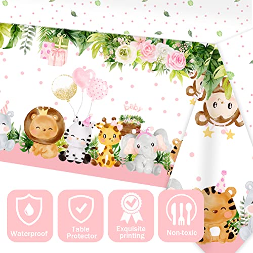 Safari Baby Shower Decorations for Girl Pink Jungle Tablecloth 3 Pieces Plastic Disposable Zoo Birthday Table Cover for Animal Theme Baby Shower Birthday Party Supplies(70×43 Inch)