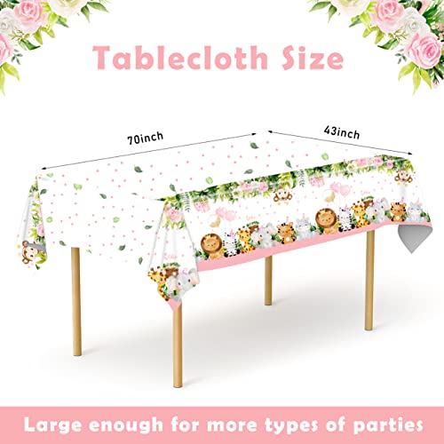 Safari Baby Shower Decorations for Girl Pink Jungle Tablecloth 3 Pieces Plastic Disposable Zoo Birthday Table Cover for Animal Theme Baby Shower Birthday Party Supplies(70×43 Inch)