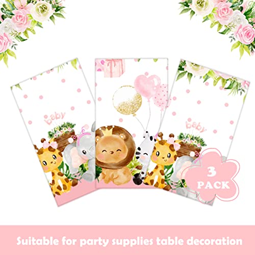 Safari Baby Shower Decorations for Girl Pink Jungle Tablecloth 3 Pieces Plastic Disposable Zoo Birthday Table Cover for Animal Theme Baby Shower Birthday Party Supplies(70×43 Inch)