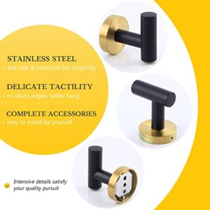 APLusee Robe Towel Hook Matte Black and Gold 2 Pack, SUS 304 Stainless Steel Stylish Home Coat Hanger, Round Towel Holder for Bathroom Toilet Kitchen, Wall Mount Hardware Practical Organizer