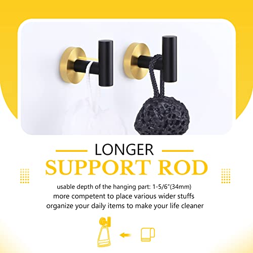 APLusee Robe Towel Hook Matte Black and Gold 2 Pack, SUS 304 Stainless Steel Stylish Home Coat Hanger, Round Towel Holder for Bathroom Toilet Kitchen, Wall Mount Hardware Practical Organizer