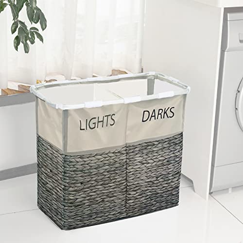 Shuoguoleilei 110L Double Laundry Basket, Rattan pattern Collapsible Laundry Hamper 2 section Sorter Bin Storage Bag for College Bathroom Bedroom Garage(Rattan)