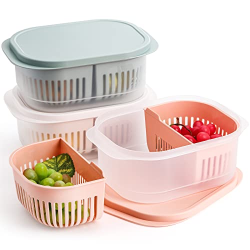 Hiceeden Set of 3 Produce Saver Containers for Fridge, Plastic Fruit Vegetable Storage Containers with Airtight Lid & Divided Colanders, Stackable Fridge Organizer Bins for Lettuce, Berry, Avocado