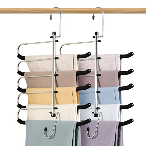 CINKSY Pants Clothes Hangers Space Saving - Upgrade Non Slip Jeans Hanger Rack with Foam Padded Swing Arm Leggings Hanger Multiple Layers Closet Organizer and Storage for Trousers, Scarf, Tie - 2 Pack