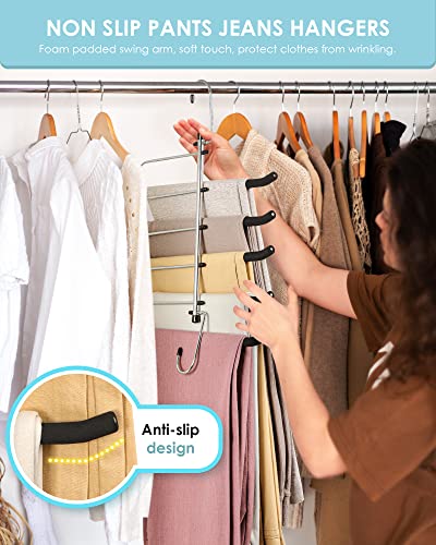 CINKSY Pants Clothes Hangers Space Saving - Upgrade Non Slip Jeans Hanger Rack with Foam Padded Swing Arm Leggings Hanger Multiple Layers Closet Organizer and Storage for Trousers, Scarf, Tie - 2 Pack