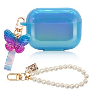 nititop airpods case cover with cute butterfly keychain and pearl chain, colorful luxury plating laser airpod case for women girls soft tpu shockproof protective cover for airpods pro- blue