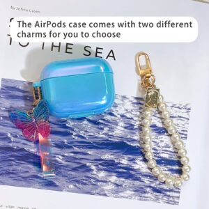 NITITOP AirPods Case Cover with Cute Butterfly Keychain and Pearl Chain, Colorful Luxury Plating Laser Airpod Case for Women Girls Soft TPU Shockproof Protective Cover for Airpods Pro- Blue