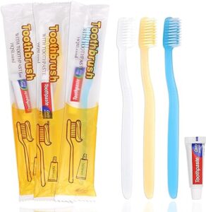 30 pack disposable toothbrushes with toothpaste, individually wrapped disposable toothbrushes bulk toothbrushes medium soft bristle, manual travel toothbrush kit for travel hotel guest, 3 colors