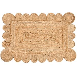 klavate scalloped natural jute natural color reversible braided woven rigo area rug, 2x3
