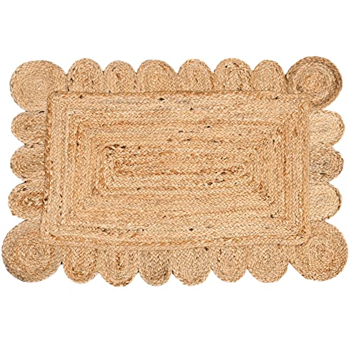 KLAVATE Scalloped Natural Jute Natural Color Reversible Braided Woven Rigo Area Rug, 2x3