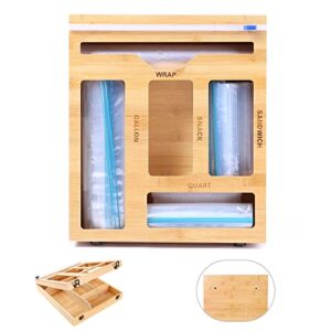 ziplock bag storage organizer for kitchen drawer, bamboo baggie organizer,wrap dispenser with slide cutter & labels, compatible with ziploc, hefty for gallon, quart, sandwich & snack variety size bags