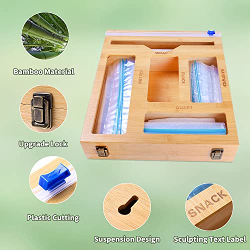 Ziplock Bag Storage Organizer for Kitchen Drawer, Bamboo Baggie Organizer,Wrap Dispenser with Slide Cutter & Labels, Compatible with Ziploc, Hefty for Gallon, Quart, Sandwich & Snack Variety Size Bags