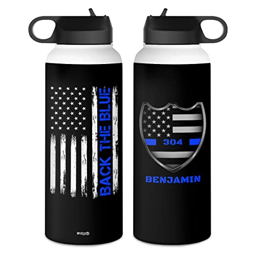 winorax Police Officer Gifts Personalized Police Water Bottle Back The Blue US Flag Police Academy Graduation Gifts for Men Women Cops Retirement Sports Bottles Cups Stainless Steel 12oz 18oz 32oz