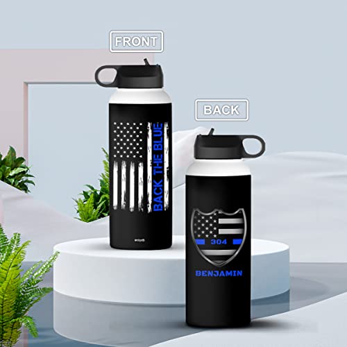 winorax Police Officer Gifts Personalized Police Water Bottle Back The Blue US Flag Police Academy Graduation Gifts for Men Women Cops Retirement Sports Bottles Cups Stainless Steel 12oz 18oz 32oz