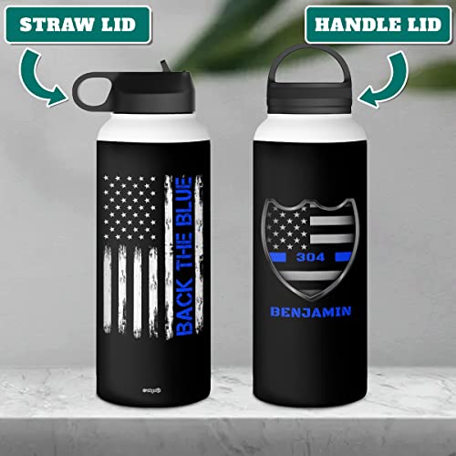 winorax Police Officer Gifts Personalized Police Water Bottle Back The Blue US Flag Police Academy Graduation Gifts for Men Women Cops Retirement Sports Bottles Cups Stainless Steel 12oz 18oz 32oz