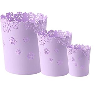 snobuowin 3pcs garbage can wastebasket, hollow flower shape plastic lidless wastepaper baskets trash can (purple)