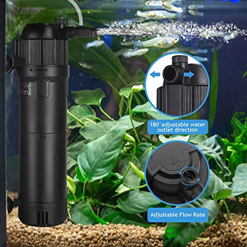 ITIY 5-in-1 Fish Tank U-V Filter, 170GPH 6W Internal Aquarium Filter Pump with Timer, 180°Adjustable Submersible Filter for Small Tank, Tropical Aquariums, Turtle Tank…