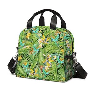 yrindyiz tropical parrot lunch box, reusable palm leaf lunch bag thermal lunch box with adjustable shoulder strap tote bag for boys girls women men