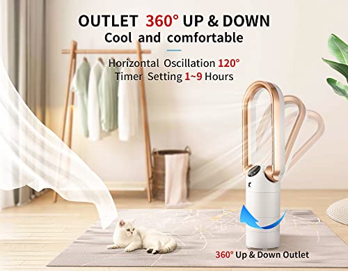 Ocean Loong Bladeless Tower Fans with Remote Control, 28 inch Quite Cooling Fan with 120° Oscillation & 270°Tilt Head, 9 Hours Timer, 9 Speeds Air Circulator for Bedroom Office Home, White/Gold
