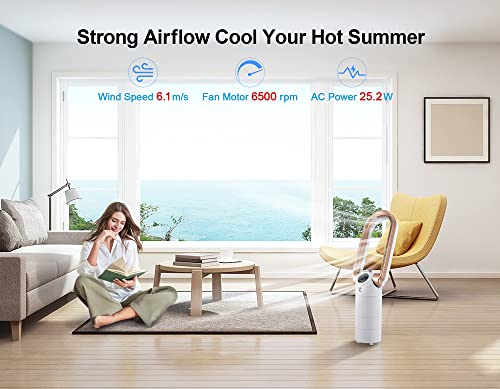 Ocean Loong Bladeless Tower Fans with Remote Control, 28 inch Quite Cooling Fan with 120° Oscillation & 270°Tilt Head, 9 Hours Timer, 9 Speeds Air Circulator for Bedroom Office Home, White/Gold