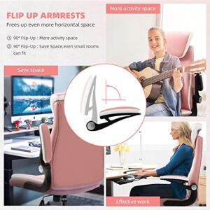 YAMASORO Ergonomic Home Executive Office Chair with Flip-up Armrests and Lumbar Support, High Back Desk Chair Computer Gaming 360 Swivel Adjustable PU Leather for Adults and Teens, Pink