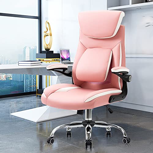 YAMASORO Ergonomic Home Executive Office Chair with Flip-up Armrests and Lumbar Support, High Back Desk Chair Computer Gaming 360 Swivel Adjustable PU Leather for Adults and Teens, Pink