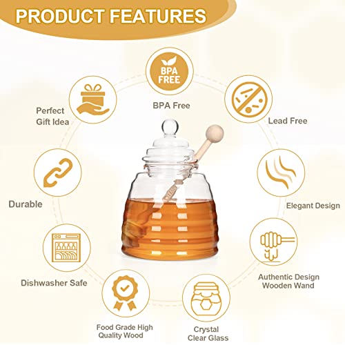 HAPPi STUDIO 13.5 Oz Honey Pot with Dipper - Extra Honey Dipper Stick - Glass Honey Jar and Dipper Set - Honey Jars with Dipper - Honey Containers with Dipper - Honey Dispenser - Honey Holder