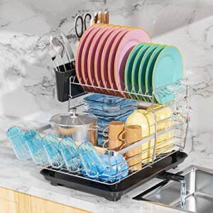 g-ting dish drying rack, 2 tier detachable dish rack and drainboard set, rust-proof drying rack for kitchen counter, large capacity dish drainer with utensils holder and cup rack, silver