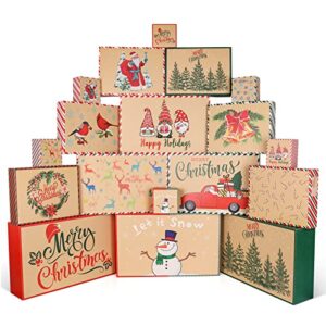 Giiffu 18 Kraft Christmas Gift Boxes with Lids, 12 Designs and 4 Sizes with Gift Tag Stickers, Decorative Kraft Gift Boxes Shirt Box for Wrapping Xmas Holiday Present