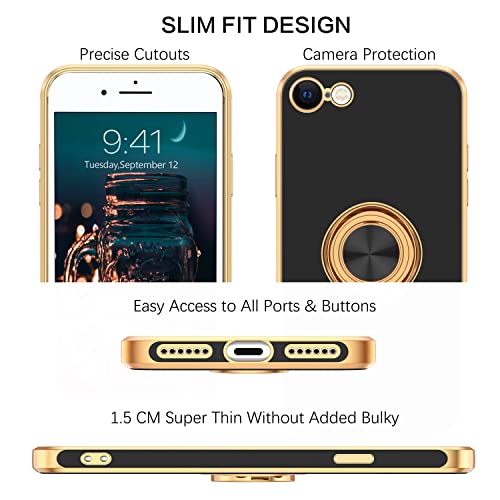 BENTOBEN iPhone SE 2022 Case, iPhone SE 2020 Phone Case, iPhone 8/7 Case, Slim Fit Sparkly Soft TPU Protection Kickstand Ring Holder Shockproof Bumper Drop Protective Girls Women Men Cover, Black/Gold