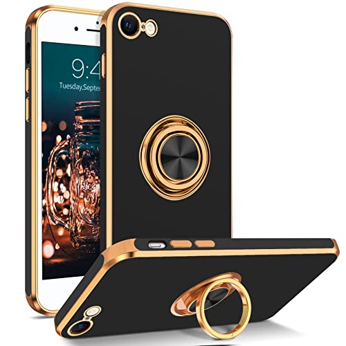 BENTOBEN iPhone SE 2022 Case, iPhone SE 2020 Phone Case, iPhone 8/7 Case, Slim Fit Sparkly Soft TPU Protection Kickstand Ring Holder Shockproof Bumper Drop Protective Girls Women Men Cover, Black/Gold