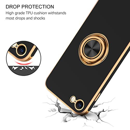 BENTOBEN iPhone SE 2022 Case, iPhone SE 2020 Phone Case, iPhone 8/7 Case, Slim Fit Sparkly Soft TPU Protection Kickstand Ring Holder Shockproof Bumper Drop Protective Girls Women Men Cover, Black/Gold