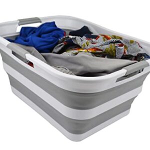 SAMMART 42L (11 gallon) Collapsible Plastic Laundry Basket - Foldable Pop Up Storage Container/Organizer - Portable Washing Tub - Space Saving Hamper/Basket (White/Grey)