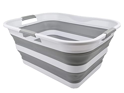 SAMMART 42L (11 gallon) Collapsible Plastic Laundry Basket - Foldable Pop Up Storage Container/Organizer - Portable Washing Tub - Space Saving Hamper/Basket (White/Grey)