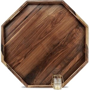 magigo 26 inches extra large octagonal black walnut wood ottoman tray with handles, serve tea, coffee classic wooden decorative serving tray