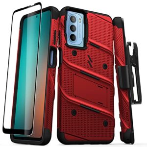 zizo bolt bundle for moto g 5g (2022) case with screen protector kickstand holster lanyard - red