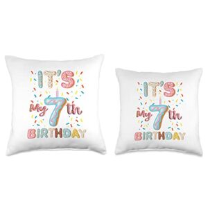 Donut Birthday Party Theme Gifts Decorations Birthday 7 yr Old Girl Donut Party Theme Shirt Throw Pillow, 18x18, Multicolor