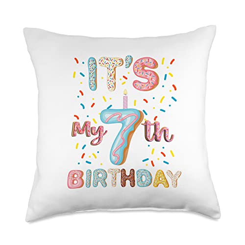 Donut Birthday Party Theme Gifts Decorations Birthday 7 yr Old Girl Donut Party Theme Shirt Throw Pillow, 18x18, Multicolor