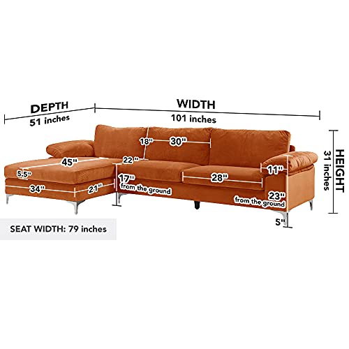 Casa Andrea Milano Modern Sectional Sofa L Shaped Velvet Couch, with Extra Wide Chaise Lounge, Large, Orange