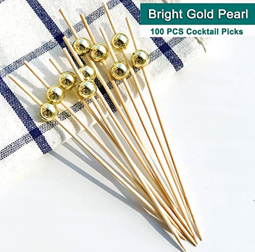 Cocktail Picks,Toothpicks for Appetizers,100 PCS 4.7 Inch Gold Pearl Cocktail Picks for Wedding Party, Decorative Food Picks Fancy Toothpicks for Appetizers, Skewers for Appetizers Charcuterie Cups