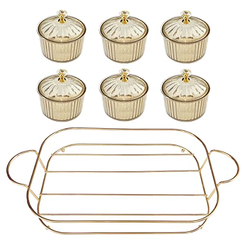 XingZhuo Iron Gold Plated Serving Tray with Handles, Comes with 6 Round Candy Jars Set, Family Dinner, Corporate Party, Housewarming Gift, Party Serving Tray Set, Round Handles