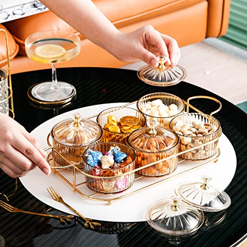 XingZhuo Iron Gold Plated Serving Tray with Handles, Comes with 6 Round Candy Jars Set, Family Dinner, Corporate Party, Housewarming Gift, Party Serving Tray Set, Round Handles