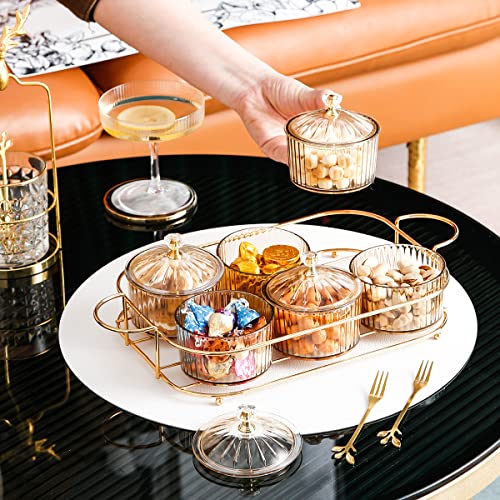 XingZhuo Iron Gold Plated Serving Tray with Handles, Comes with 6 Round Candy Jars Set, Family Dinner, Corporate Party, Housewarming Gift, Party Serving Tray Set, Round Handles