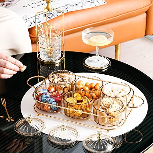 XingZhuo Iron Gold Plated Serving Tray with Handles, Comes with 6 Round Candy Jars Set, Family Dinner, Corporate Party, Housewarming Gift, Party Serving Tray Set, Round Handles