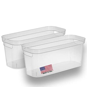 modern narrow organizer storage bin, clear plastic household storage container for kitchen pantry storage, under sink bin, bathroom/laundry room - made in usa - 2 pack (narrow - 15” x 6” x 5”)