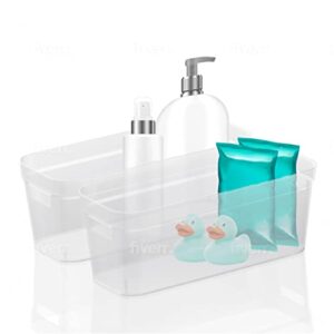 Modern Narrow Organizer Storage Bin, Clear Plastic Household Storage Container for Kitchen Pantry storage, Under Sink Bin, Bathroom/Laundry Room - Made In USA - 2 Pack (Narrow - 15” X 6” X 5”)