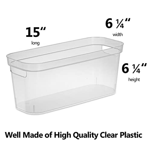 Modern Narrow Organizer Storage Bin, Clear Plastic Household Storage Container for Kitchen Pantry storage, Under Sink Bin, Bathroom/Laundry Room - Made In USA - 2 Pack (Narrow - 15” X 6” X 5”)